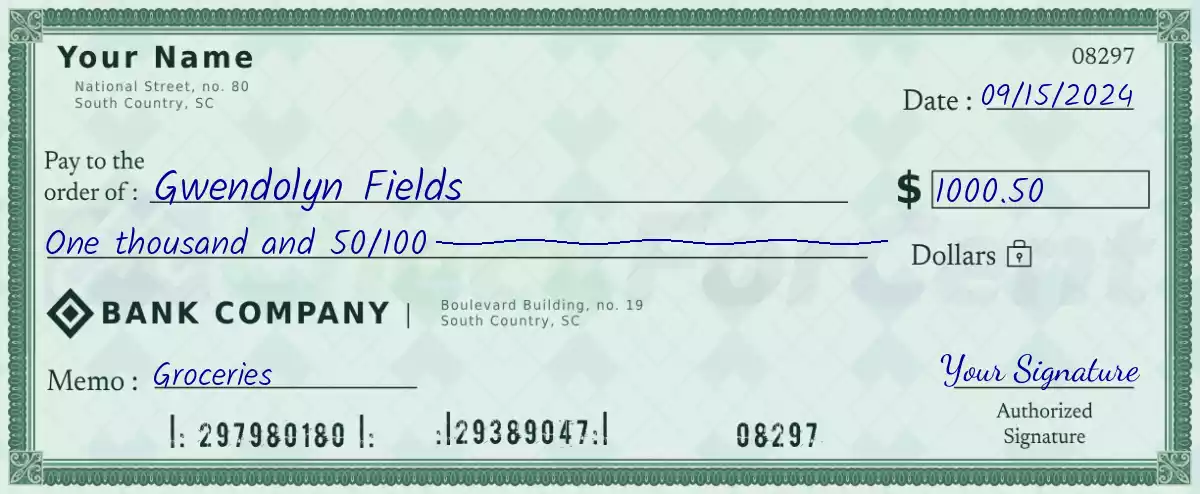 1000 dollar check with cents