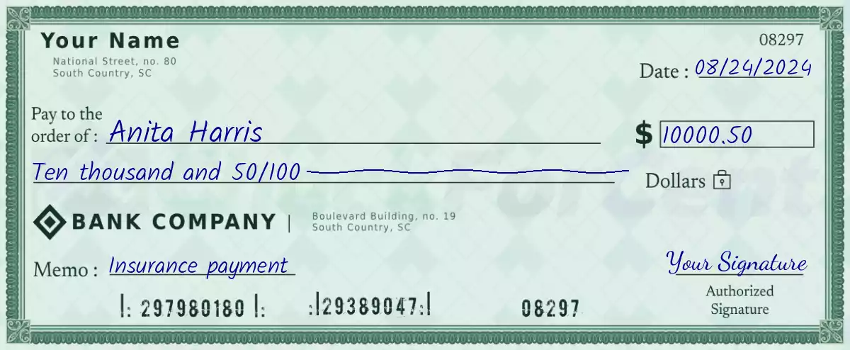10000 dollar check with cents