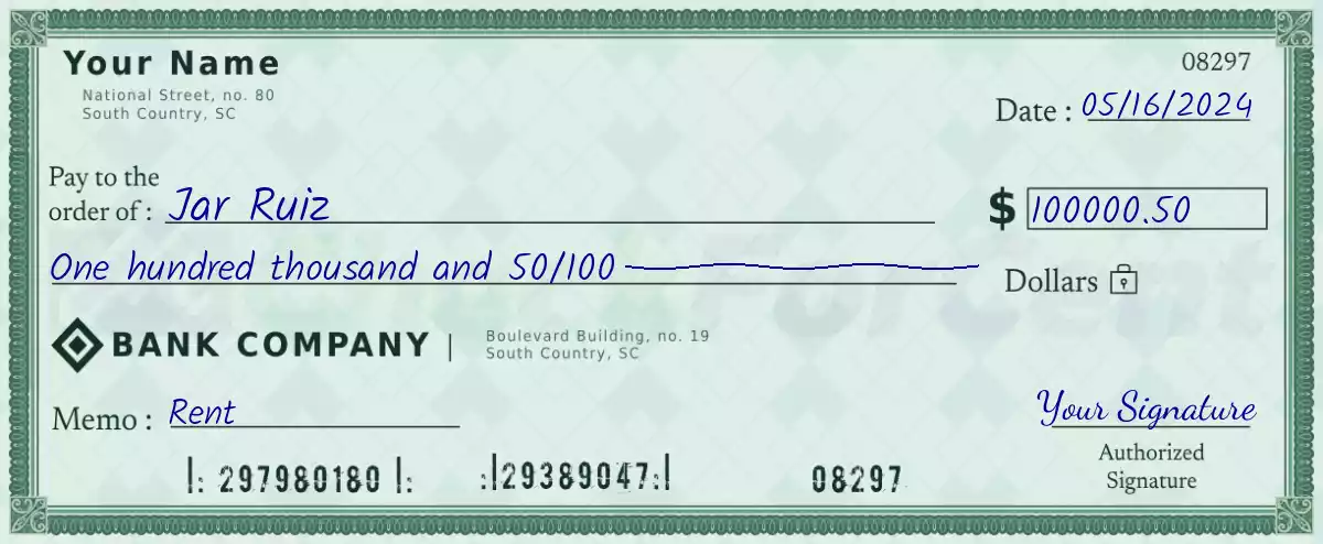 100000 dollar check with cents