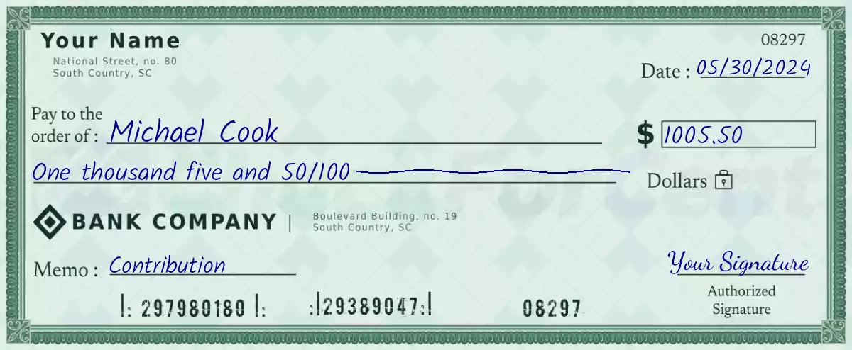 1005 dollar check with cents