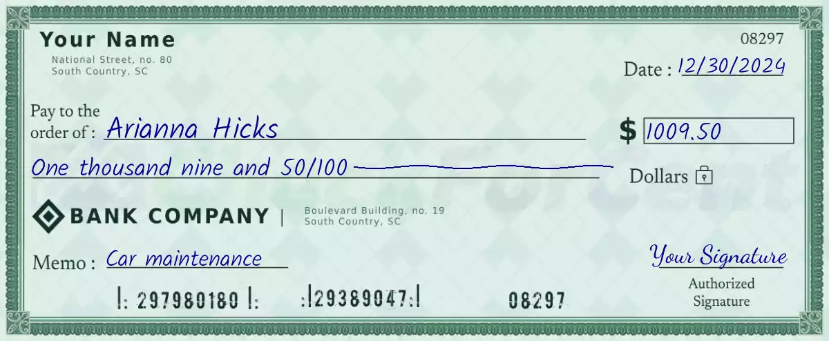 1009 dollar check with cents