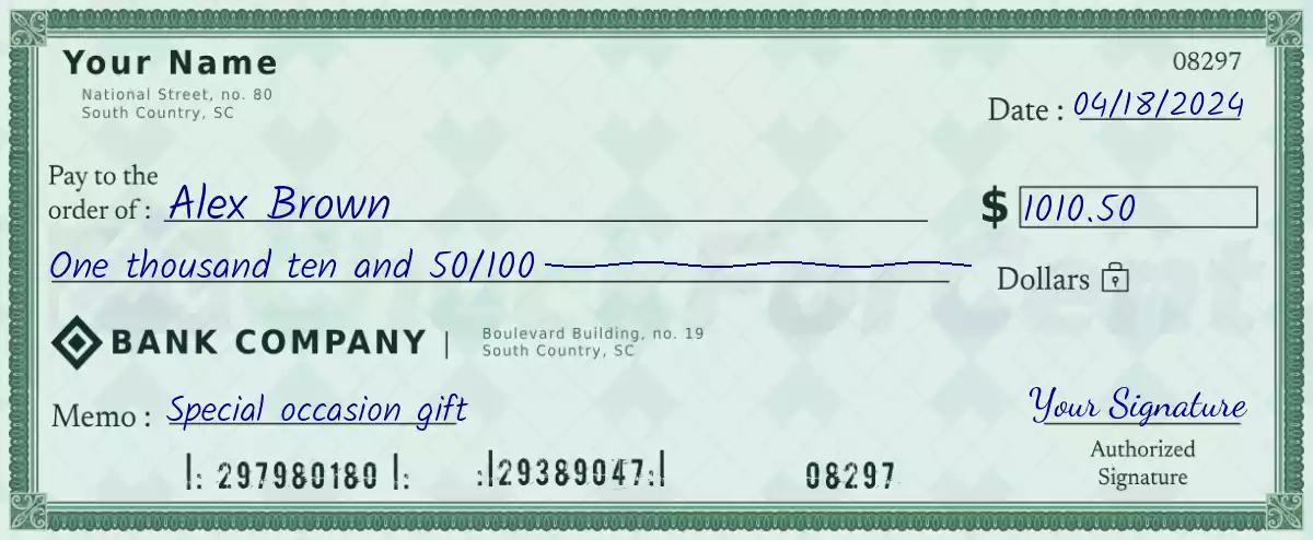 1010 dollar check with cents