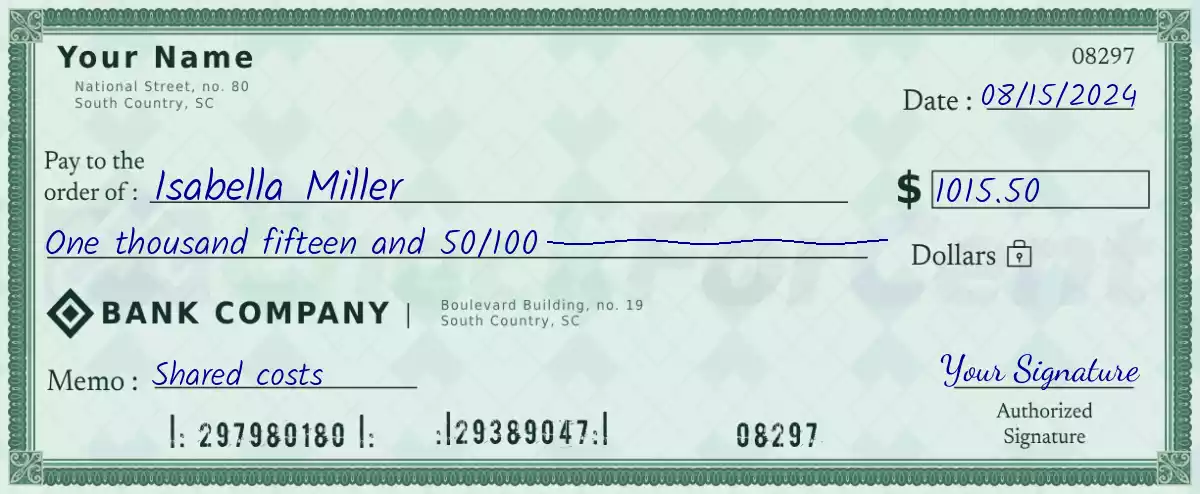 1015 dollar check with cents