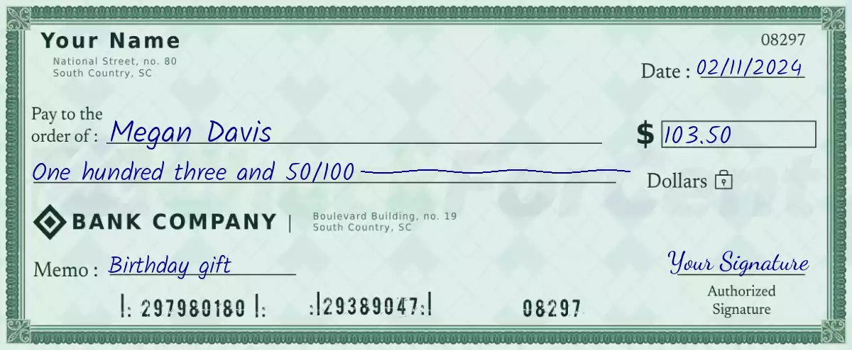 103 dollar check with cents