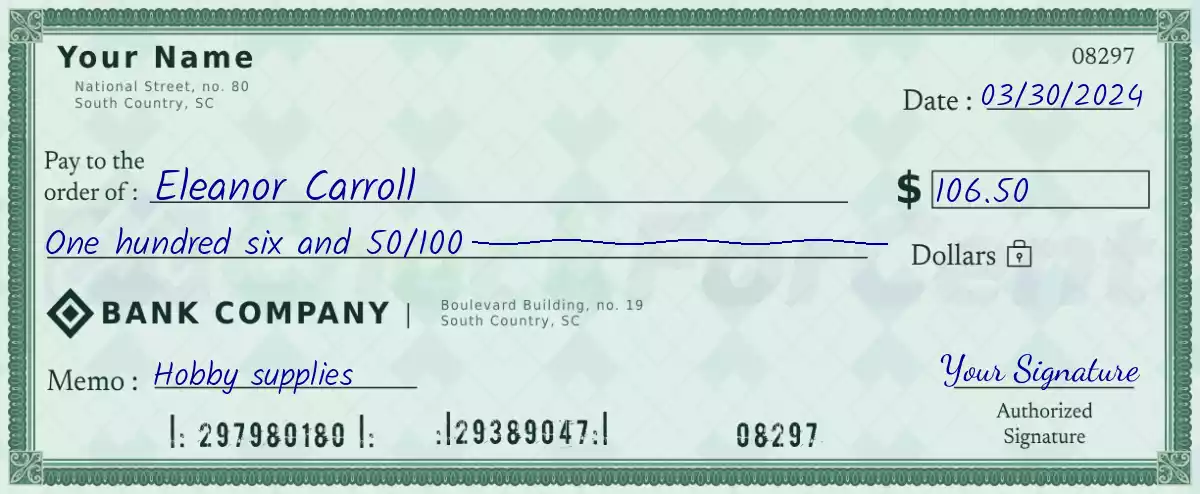 106 dollar check with cents