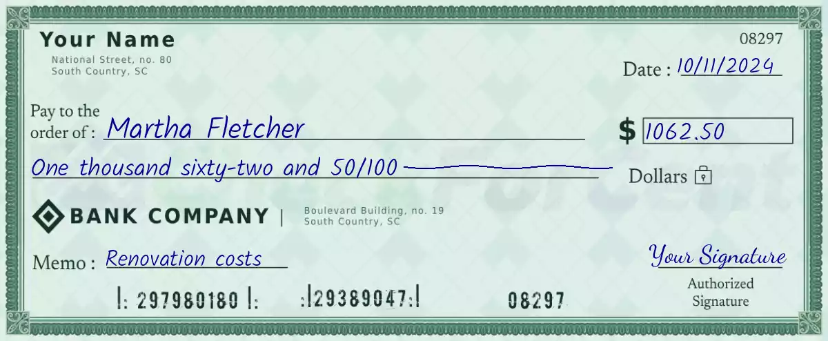 1062 dollar check with cents