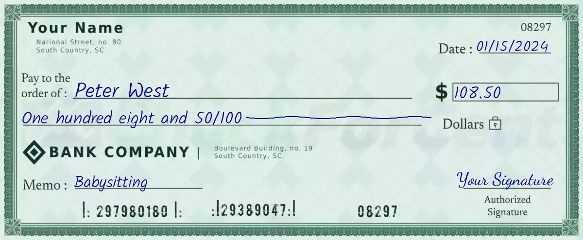 108 dollar check with cents