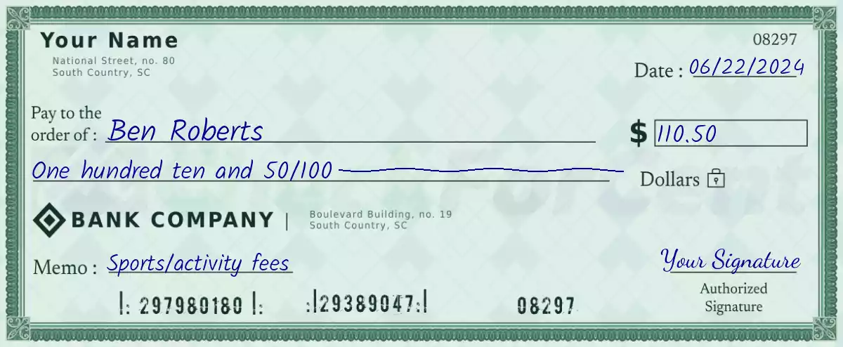 110 dollar check with cents