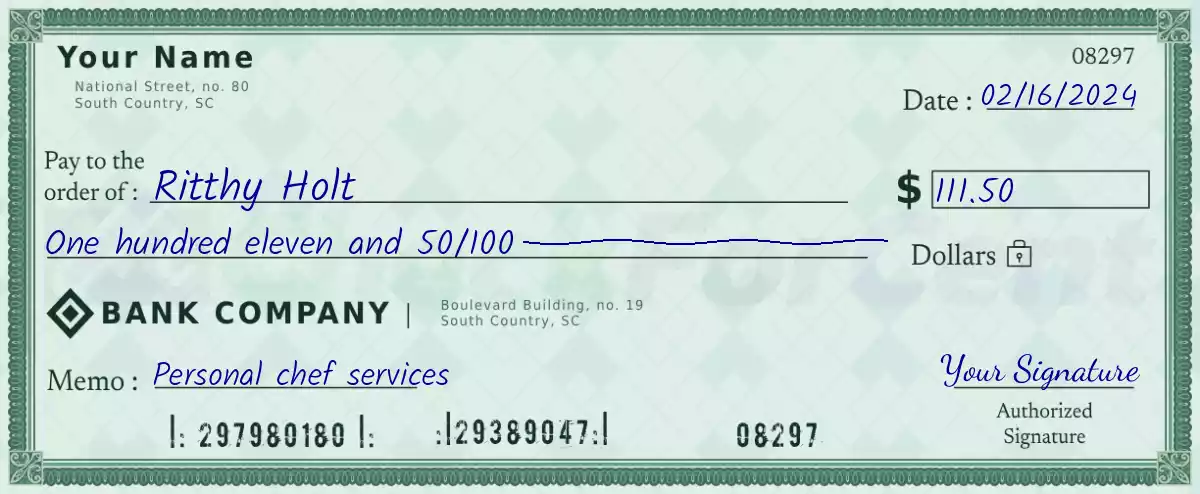 111 dollar check with cents