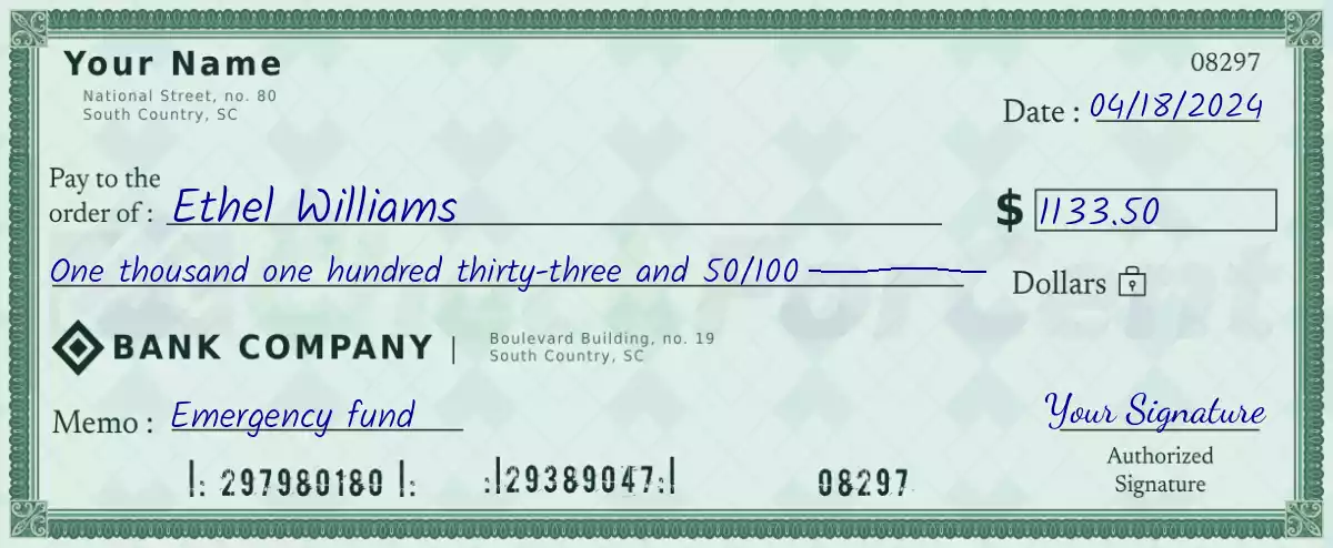 1133 dollar check with cents