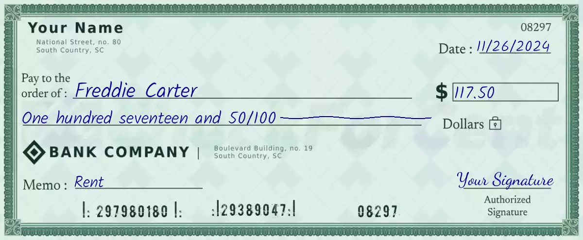 117 dollar check with cents