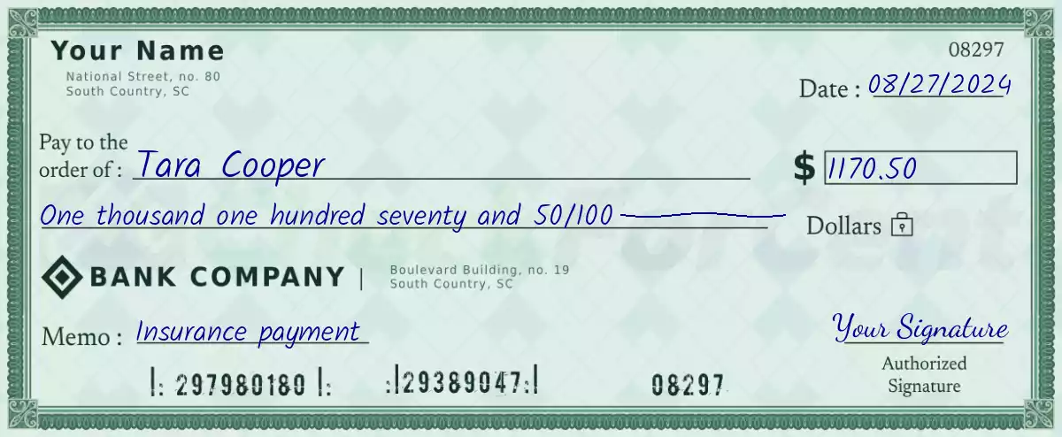 1170 dollar check with cents