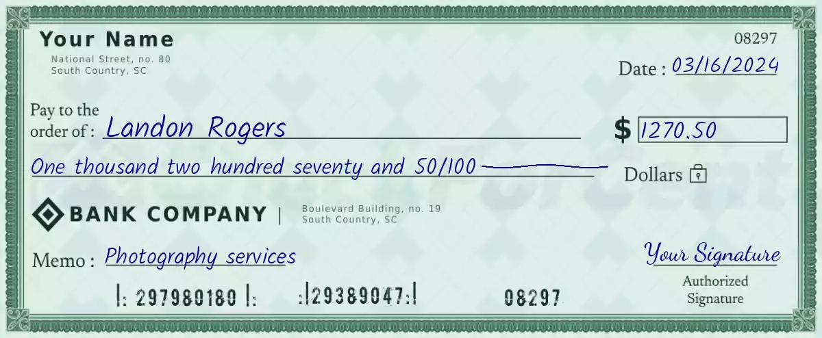 1270 dollar check with cents
