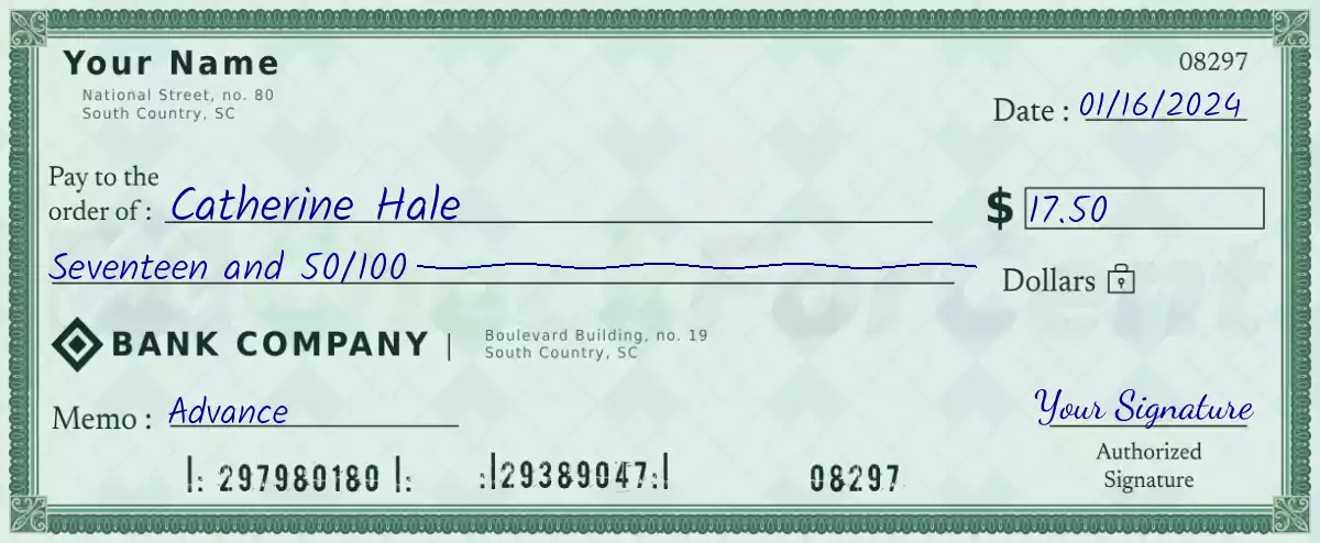 17 dollar check with cents