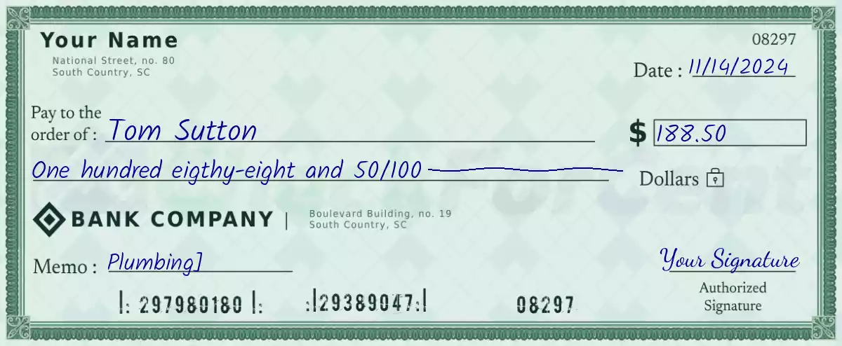 188 dollar check with cents