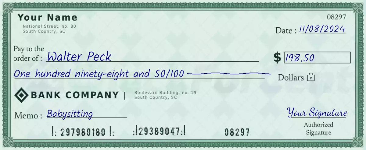 198 dollar check with cents