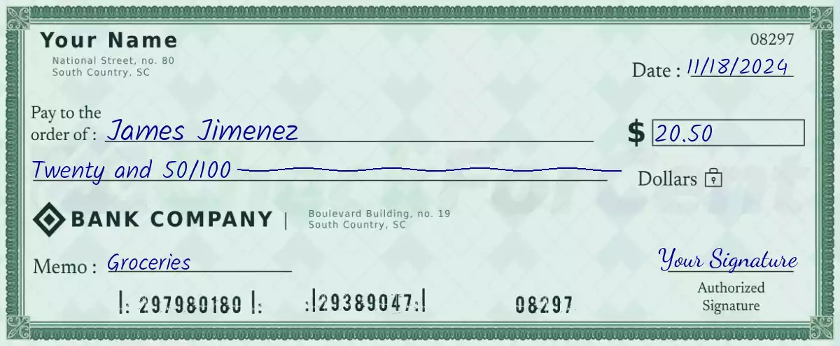20 dollar check with cents