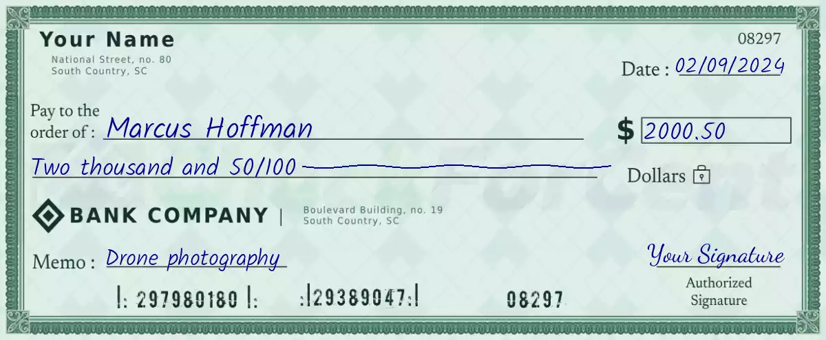 2000 dollar check with cents