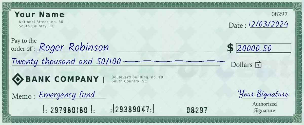 20000 dollar check with cents