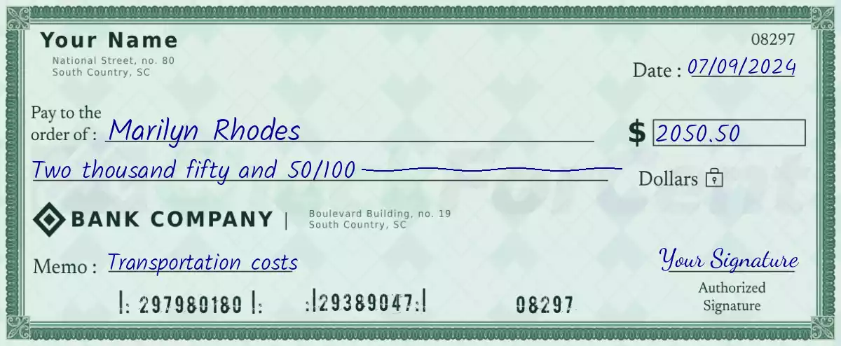 2050 dollar check with cents