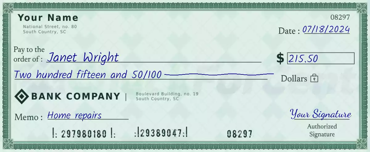 215 dollar check with cents