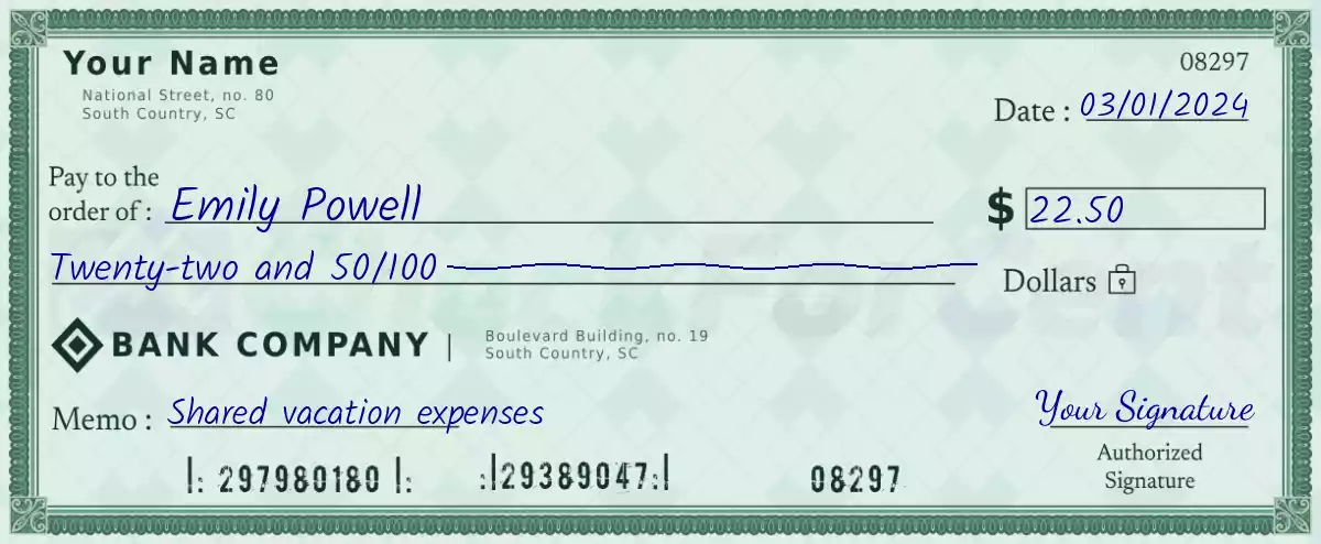 22 dollar check with cents