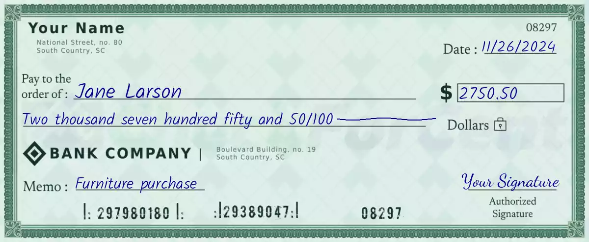 2750 dollar check with cents