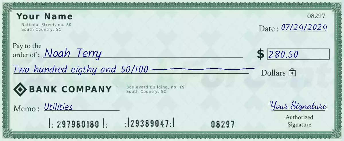 280 dollar check with cents