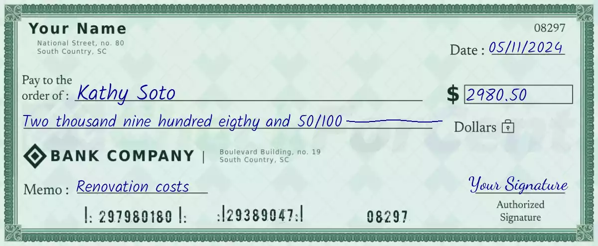 2980 dollar check with cents