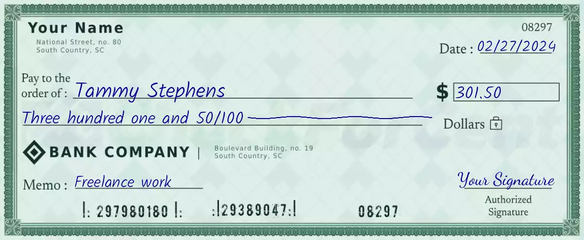 301 dollar check with cents