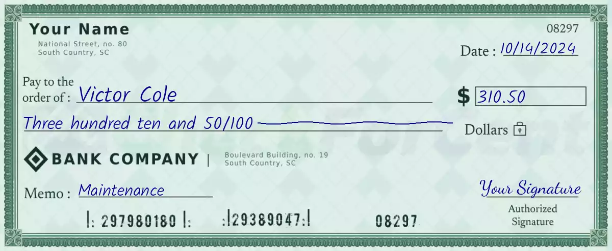 310 dollar check with cents