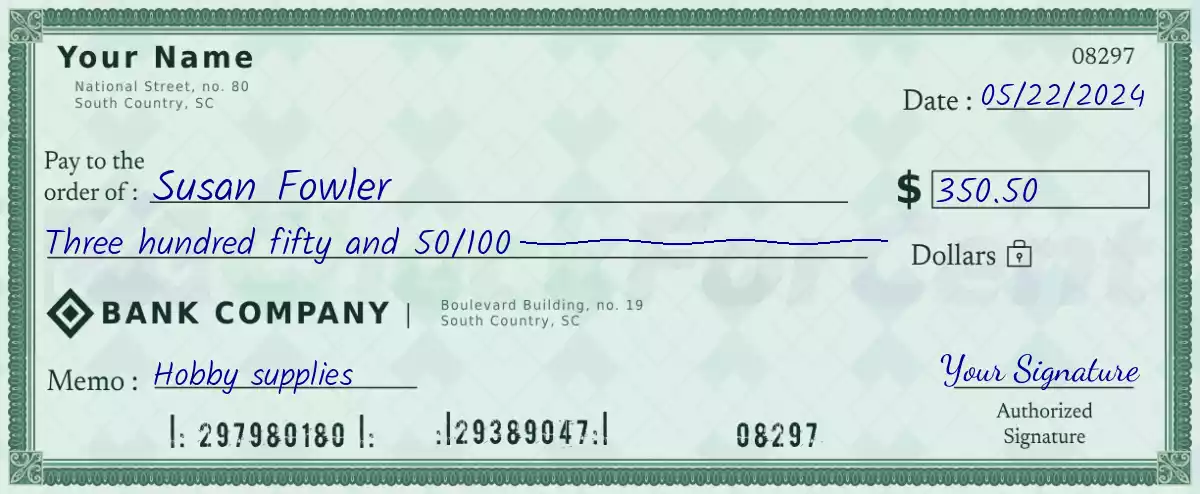 350 dollar check with cents