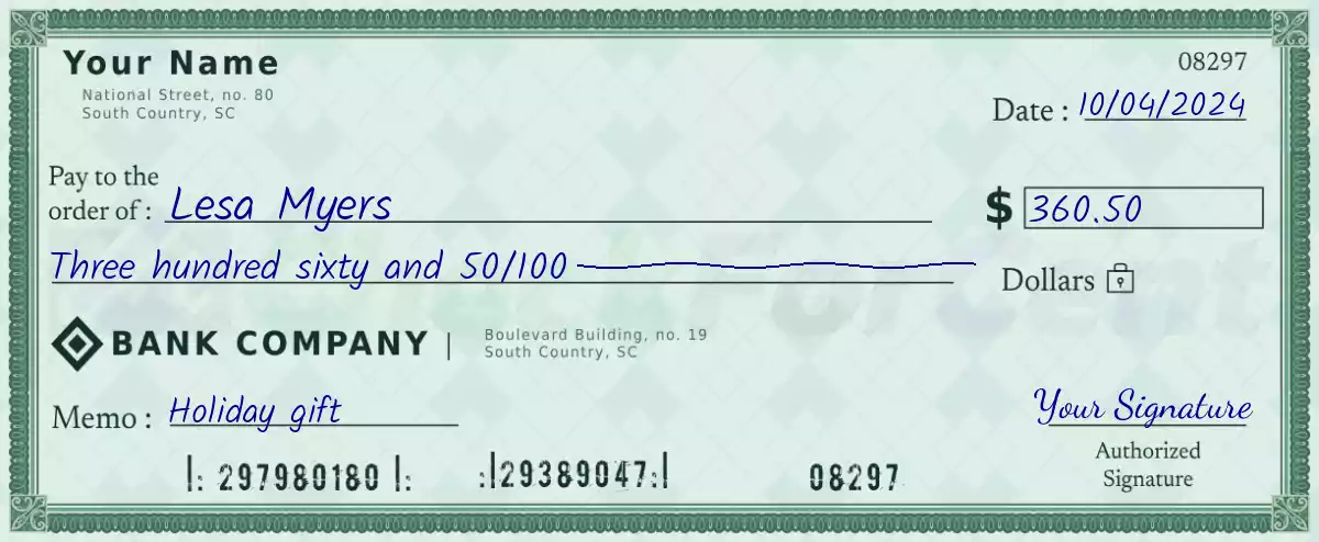 360 dollar check with cents