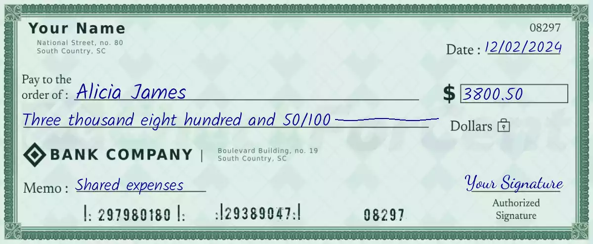 3800 dollar check with cents