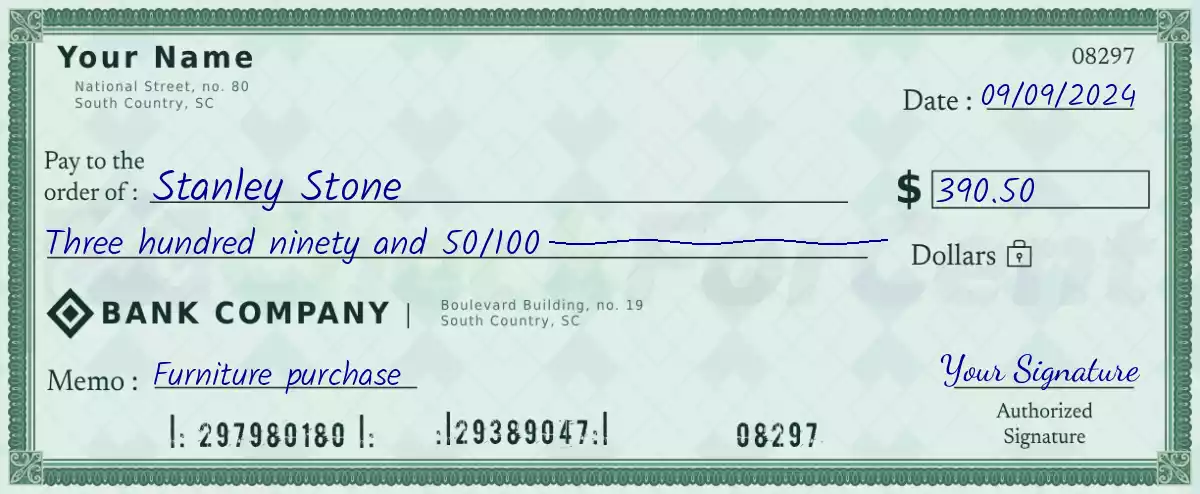 390 dollar check with cents