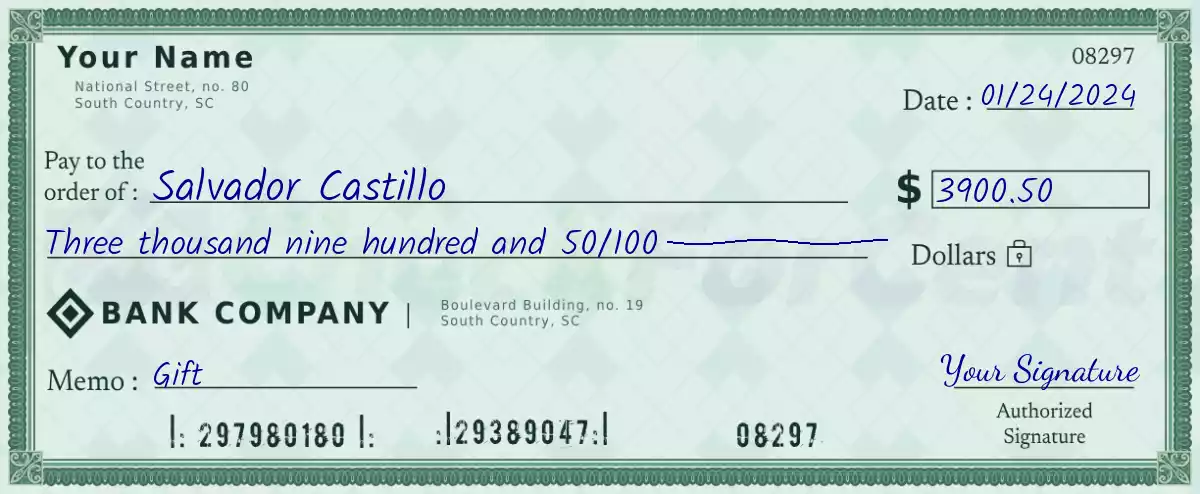 3900 dollar check with cents