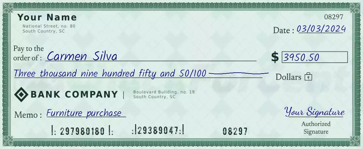 3950 dollar check with cents