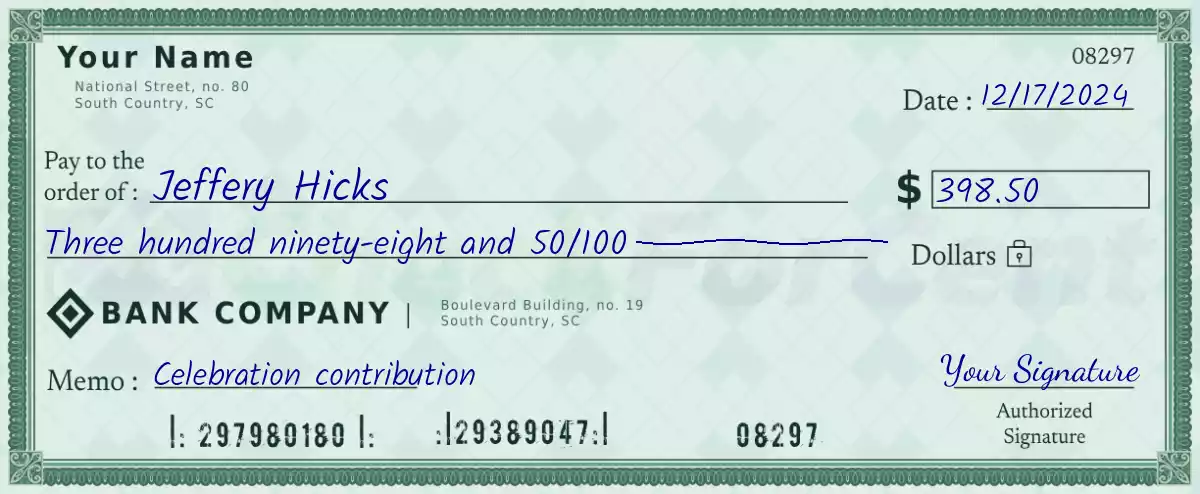 398 dollar check with cents