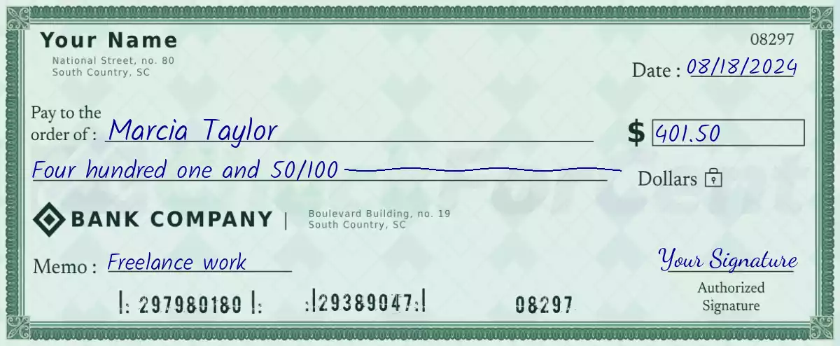 401 dollar check with cents
