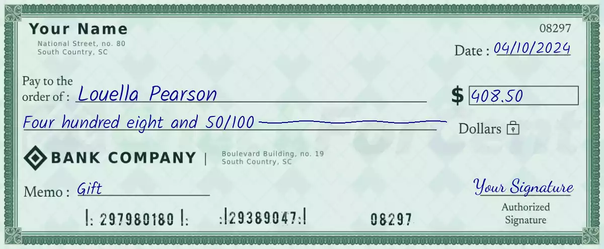 408 dollar check with cents
