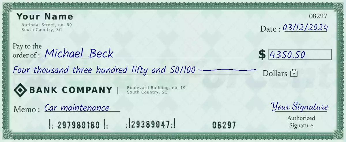 4350 dollar check with cents