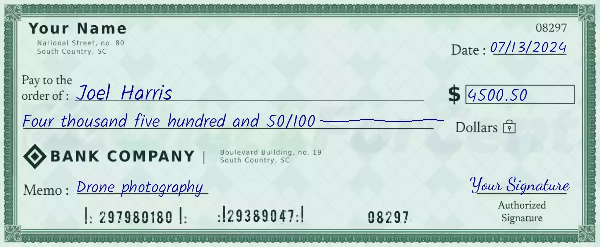 4500 dollar check with cents