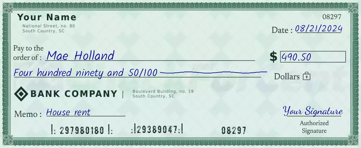 490 dollar check with cents