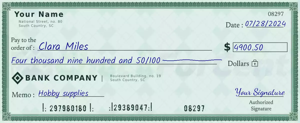 4900 dollar check with cents