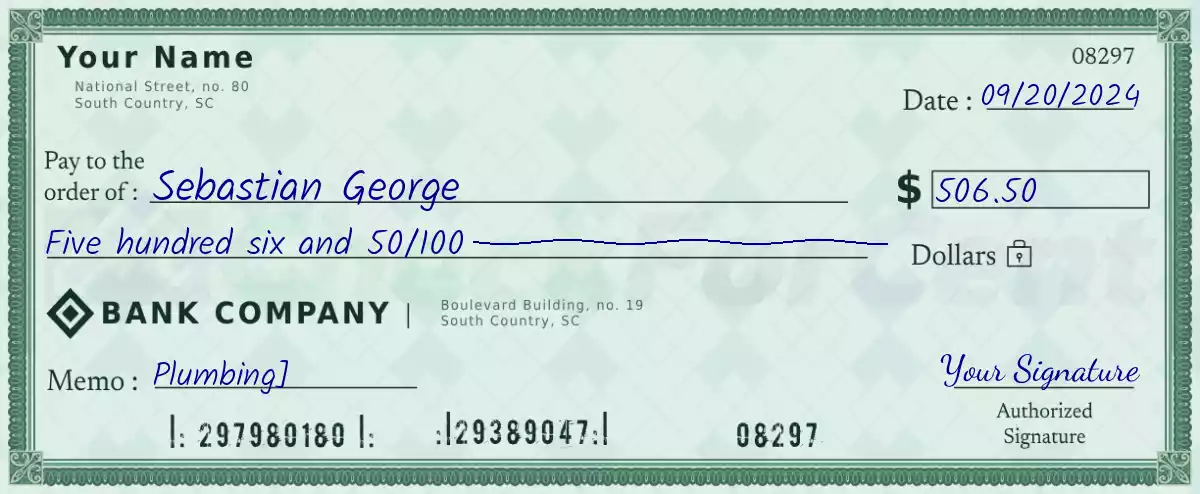 506 dollar check with cents