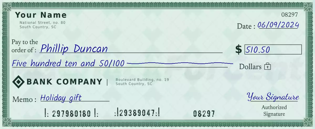 510 dollar check with cents