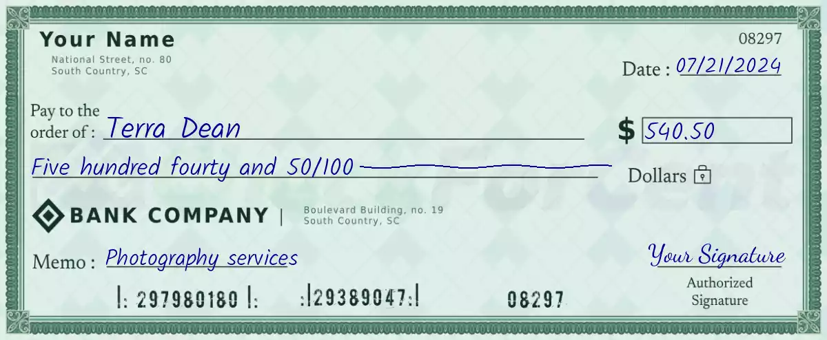 540 dollar check with cents