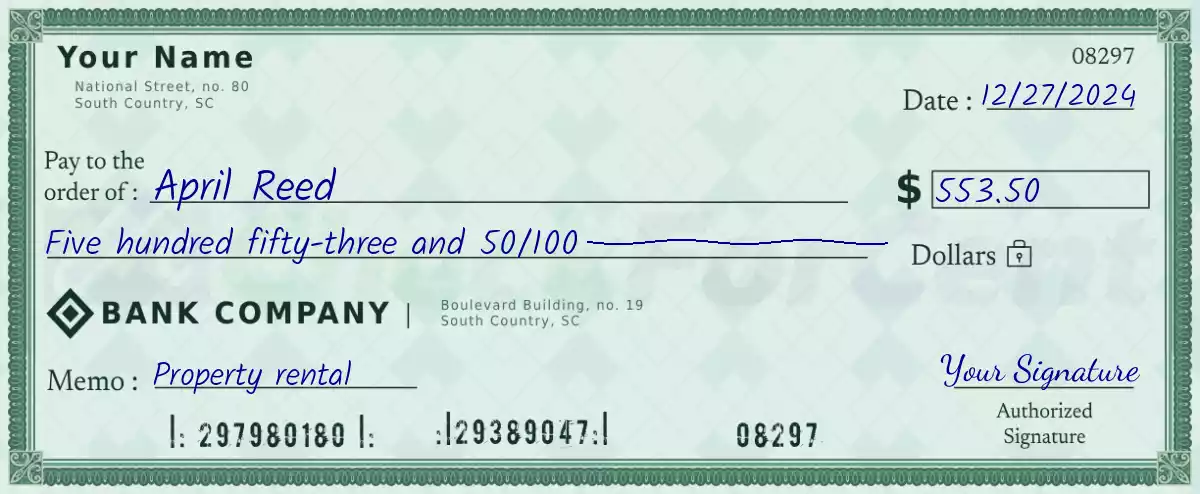 553 dollar check with cents