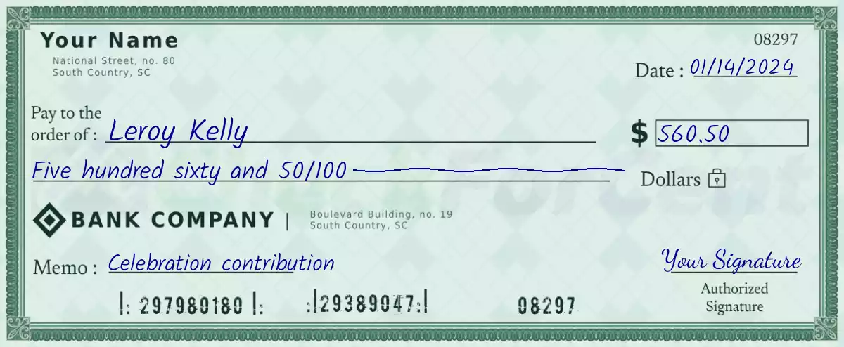 560 dollar check with cents