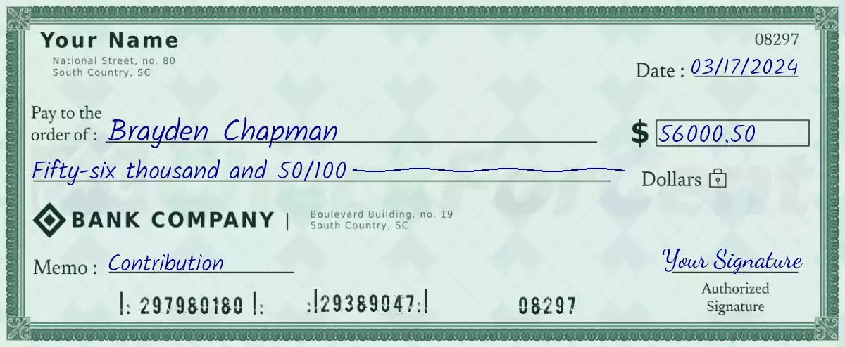 56000 dollar check with cents